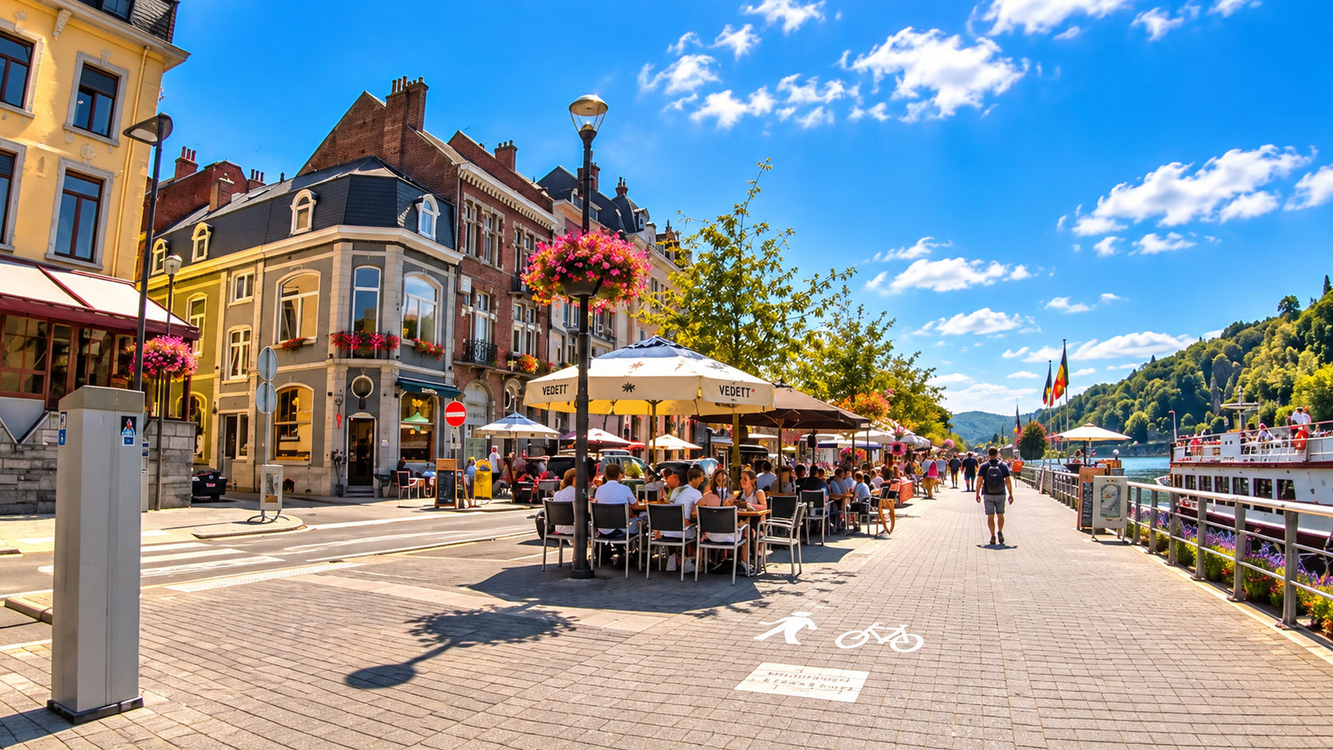 A Belgian town where outdoor cafés line the riverfront (4K)