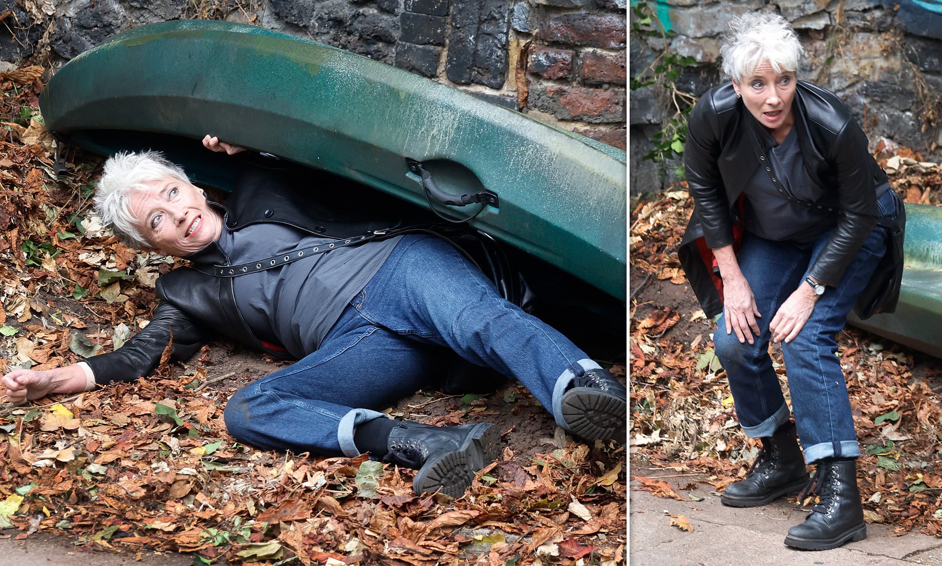 Emma Thompson goes under cover... hiding beneath canoe as she films new ...