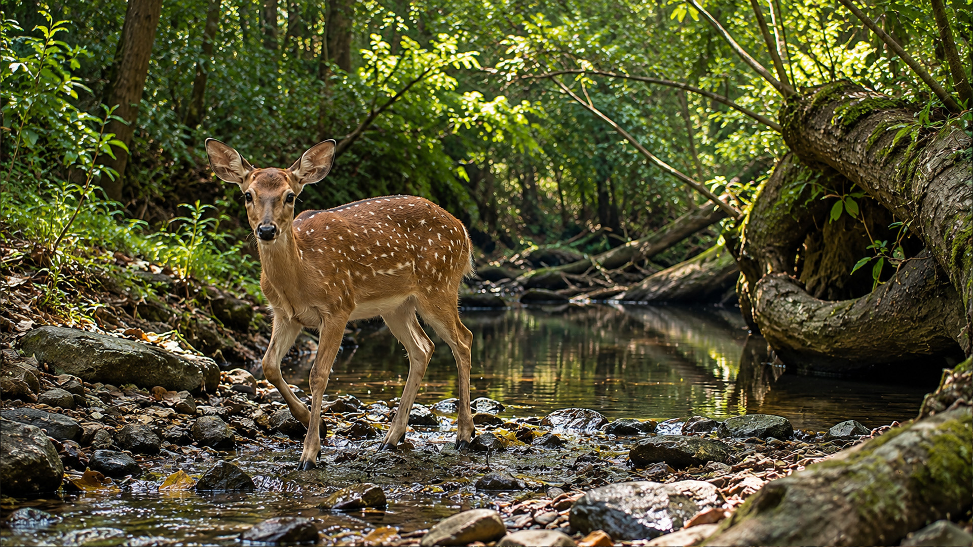 A spotted deer appeared where the fallen trees meet the forest creek