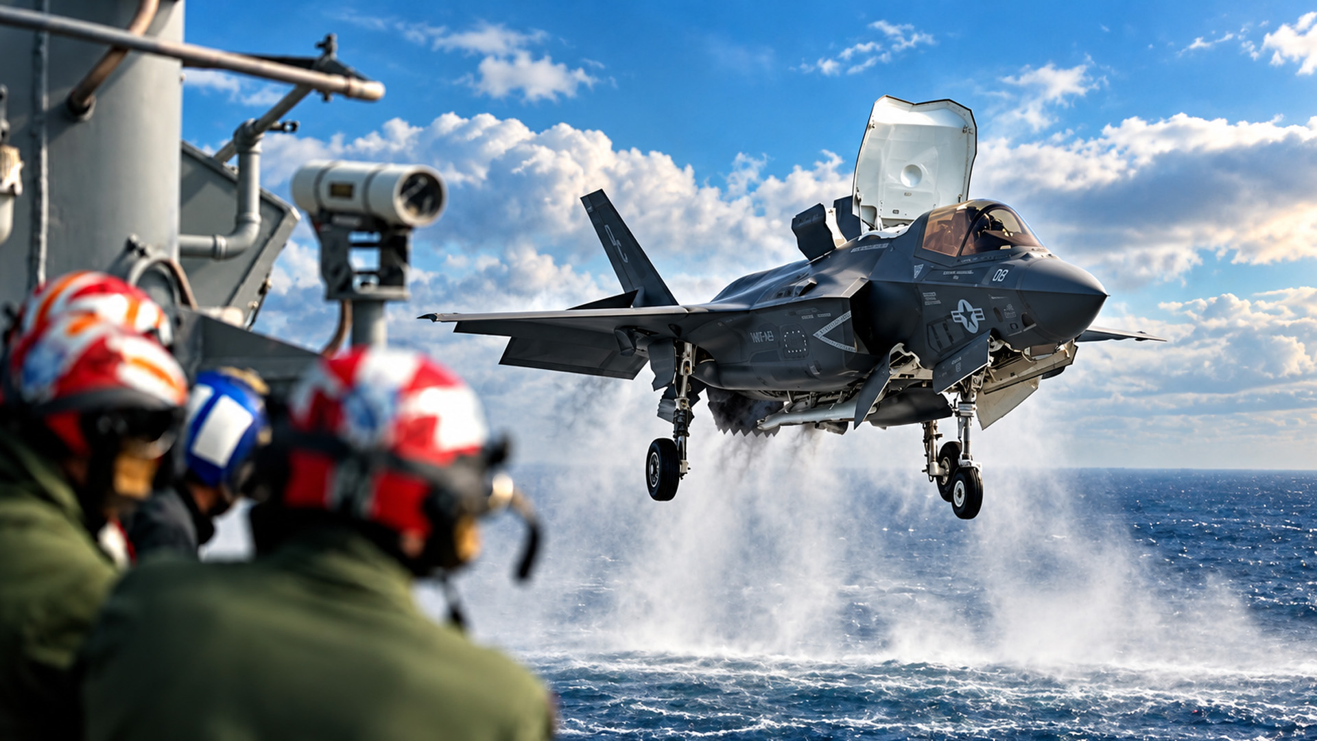 How can the F-35B fighter jet land vertically?