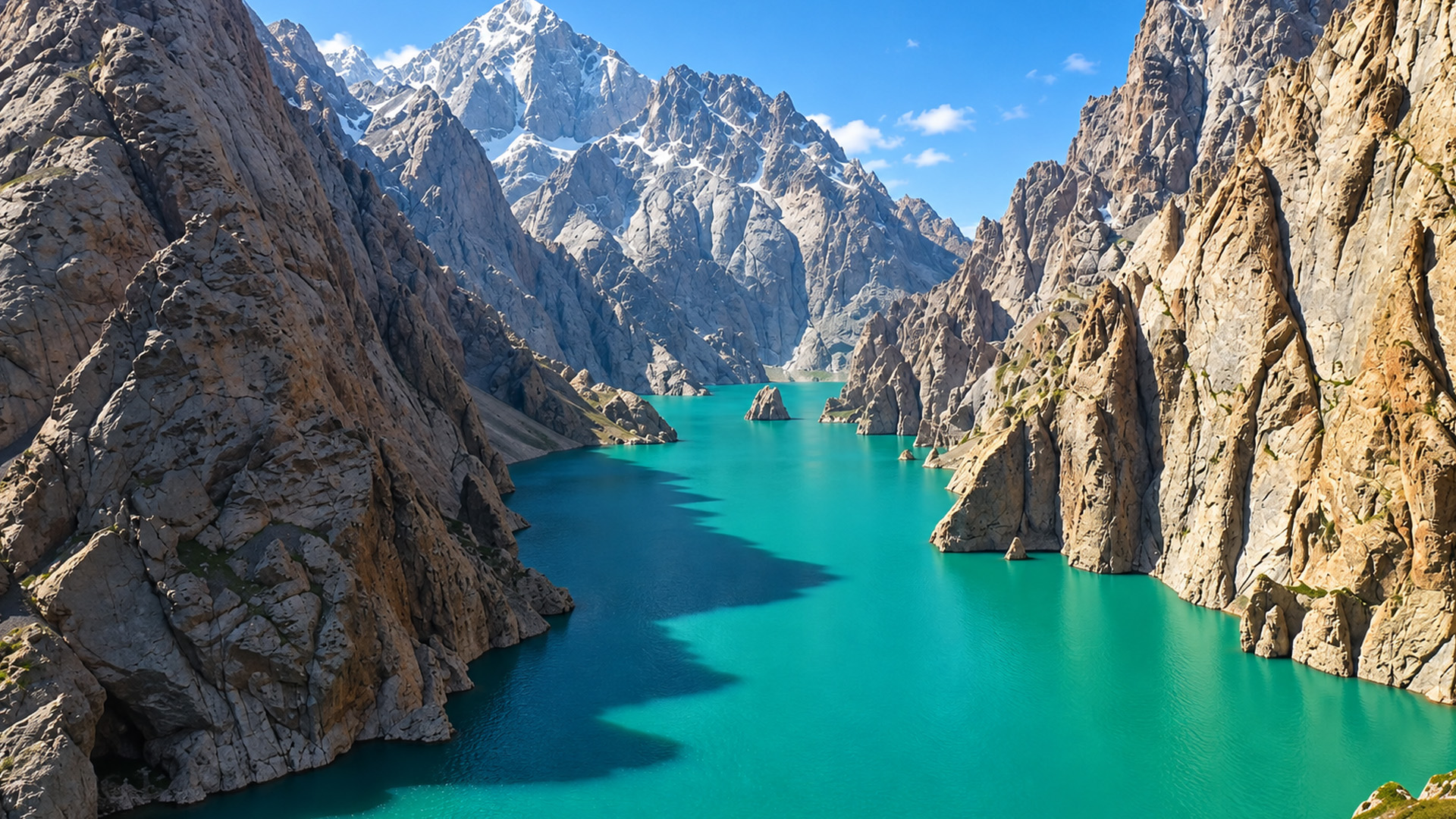 A hidden turquoise lake deep inside a rocky valley