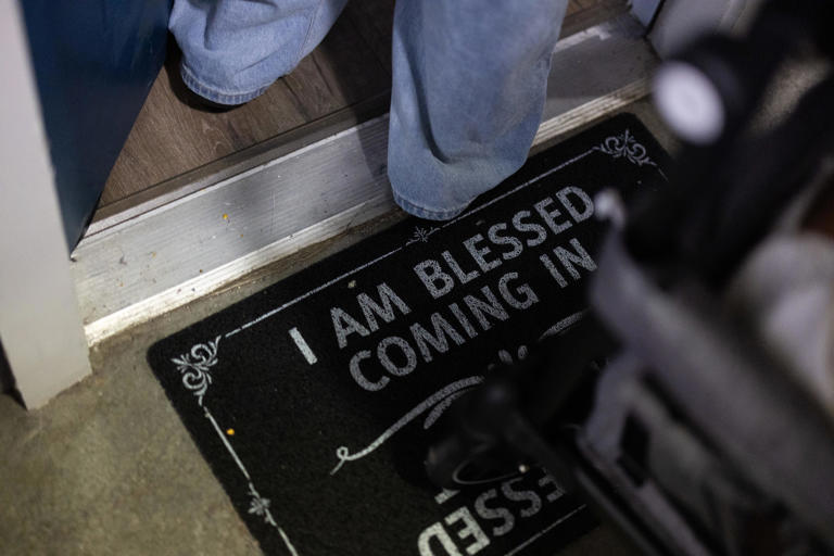 A door mat that reads “I am blessed coming in” at Briana Grace’s home in The Woodlands, Texas, on Sept. 29, 2026.