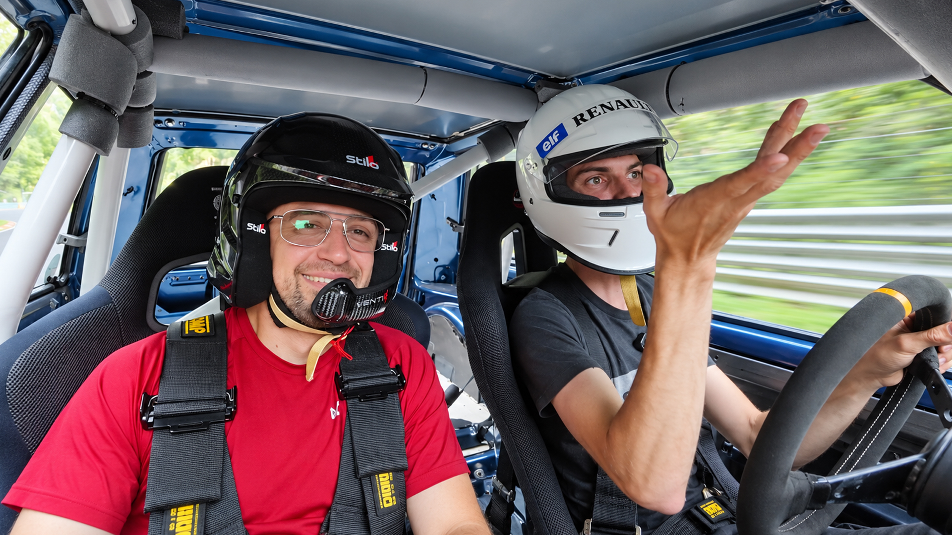 Helmeted duo takes on the Nürburgring in a track car