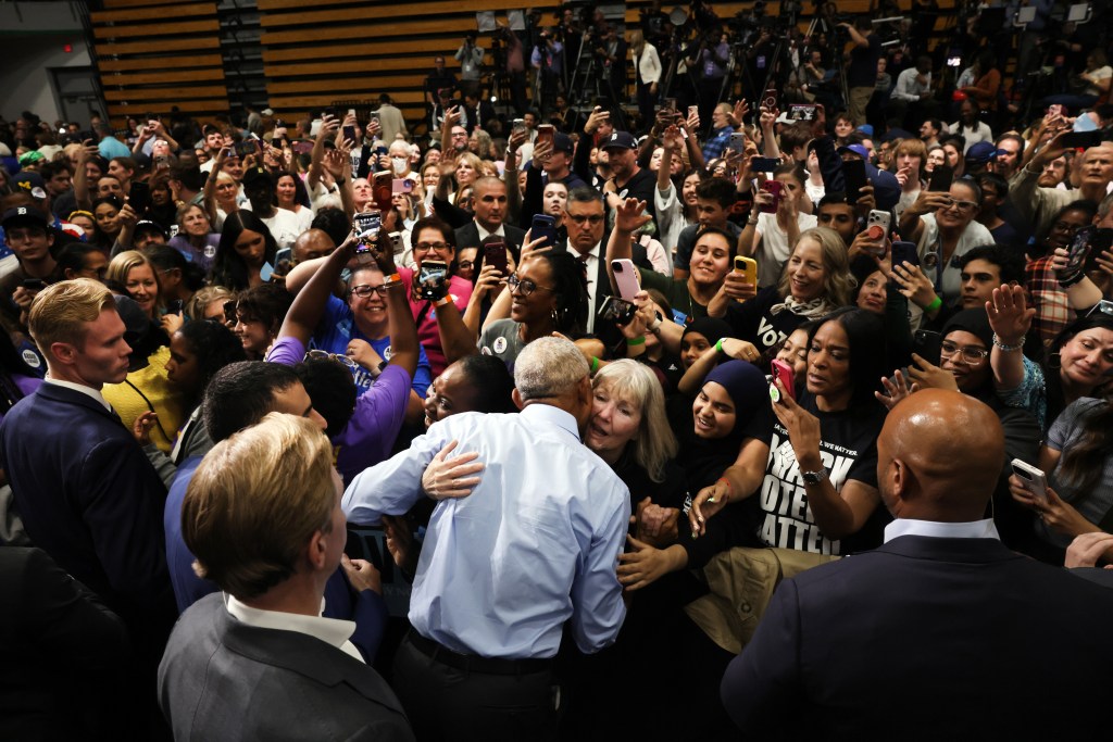 Former President Barack Obama greets supporters at a “Get Out the Vote” rally in support of Dr. Abdul El-Sayed and Secretary of State Jocelyn Benson on October 24, 2026 in Detroit, Michigan. (Photo by Spencer Platt/Getty Images)