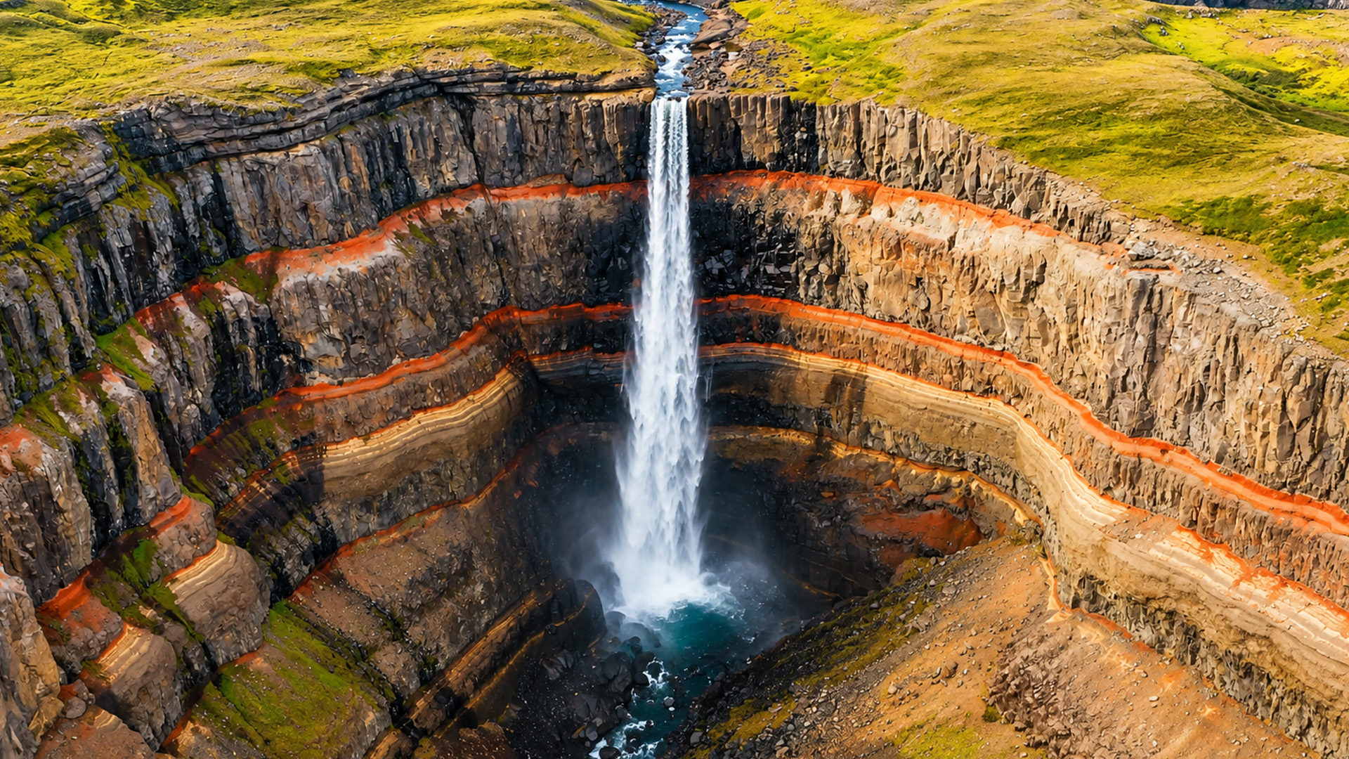 Las extrañas capas de roca roja bajo las colinas verdes de Islandia
