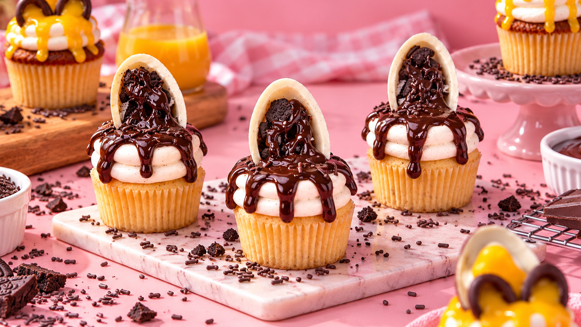 Chocolate drip cupcakes with a cookies and cream surprise