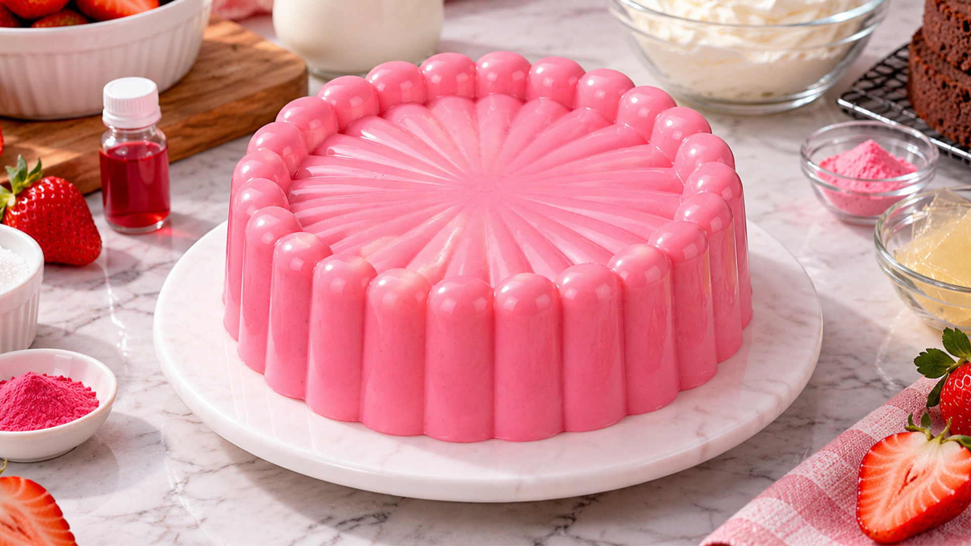 A strawberry cream cake wrapped in silky pink chocolate