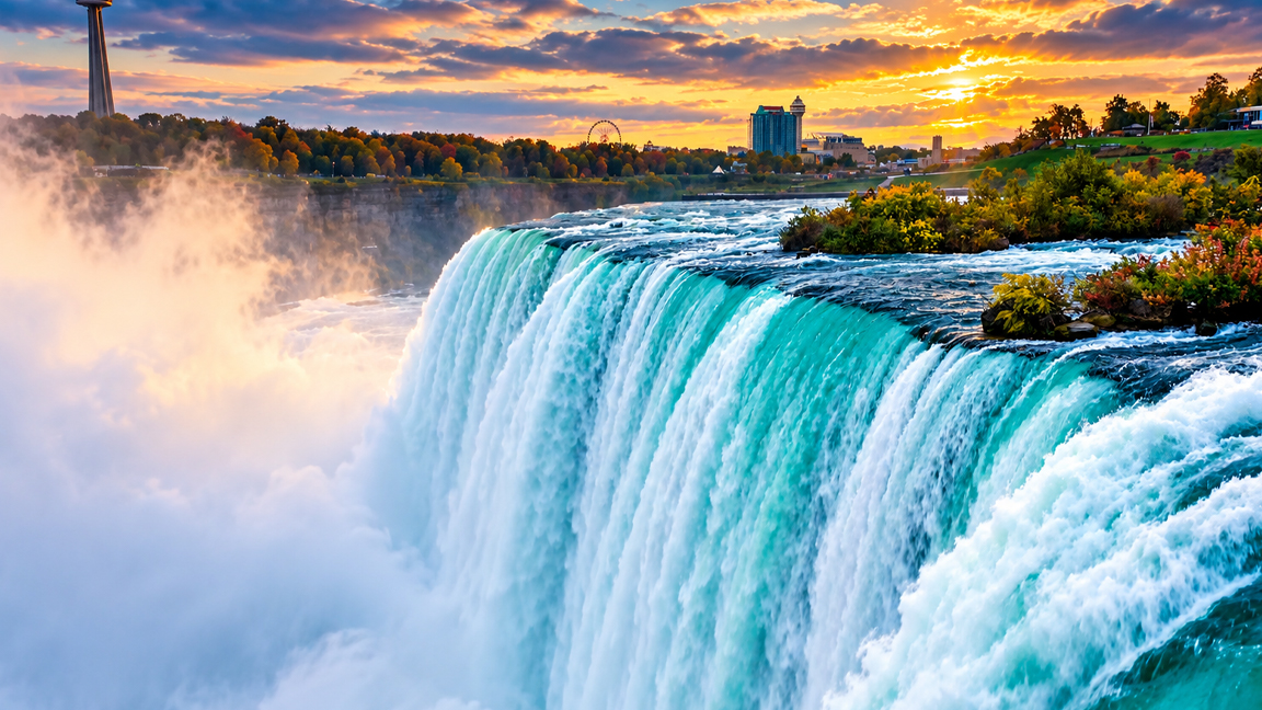 Niagara Falls at sunset with powerful cascading water and golden skies