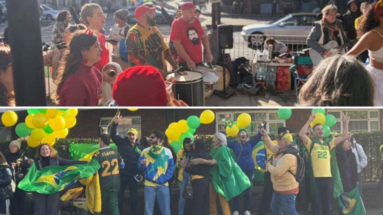 Apoiadores de Lula e Flávio Bolsonaro em local de votação em Londres