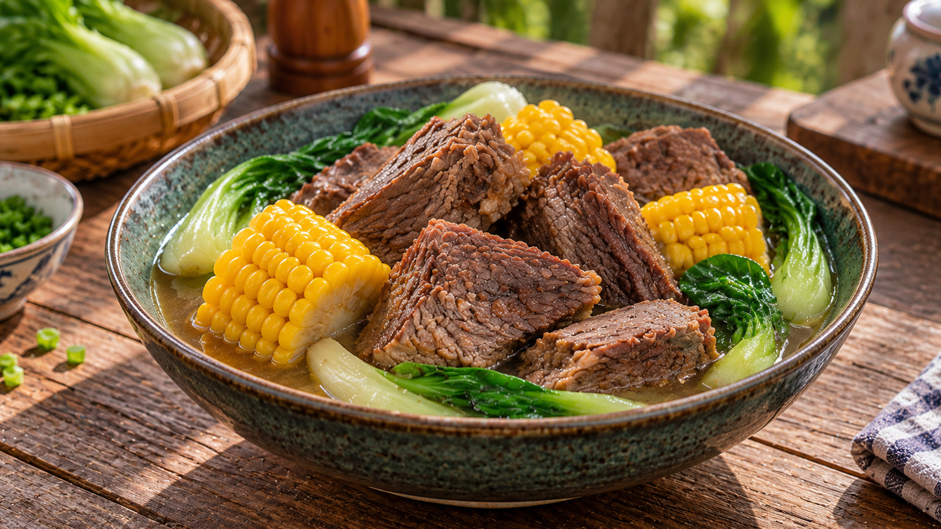 Slow simmered beef bulalo with corn and fresh vegetables
