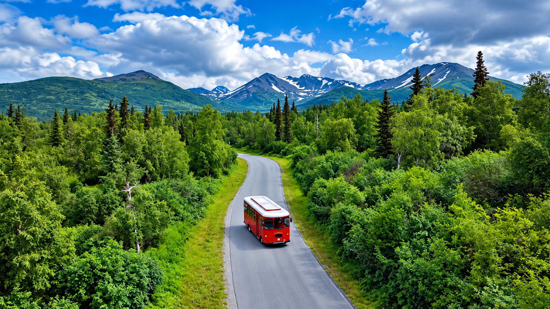 Alaska's forest road leads a red bus into the wilderness