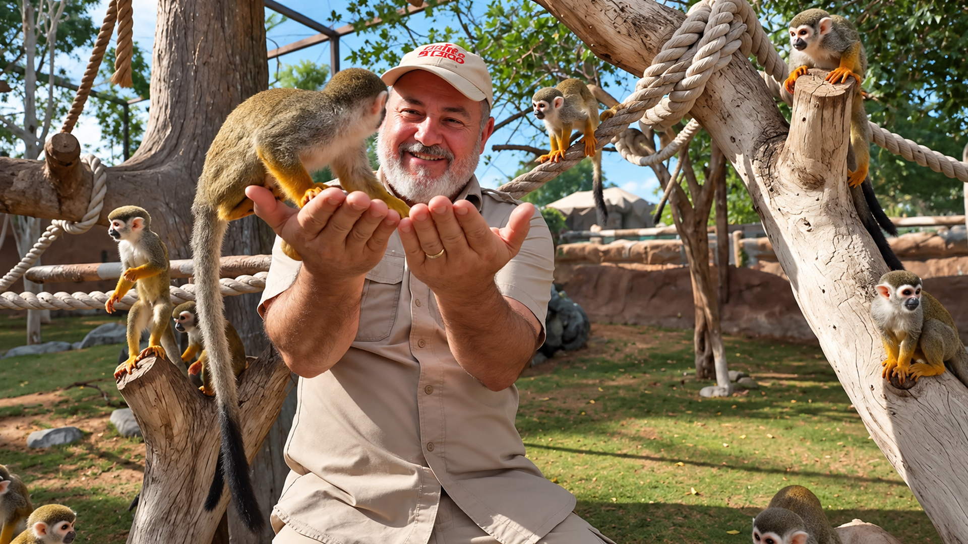 Squirrel monkeys treat a human handler like their personal jungle gym