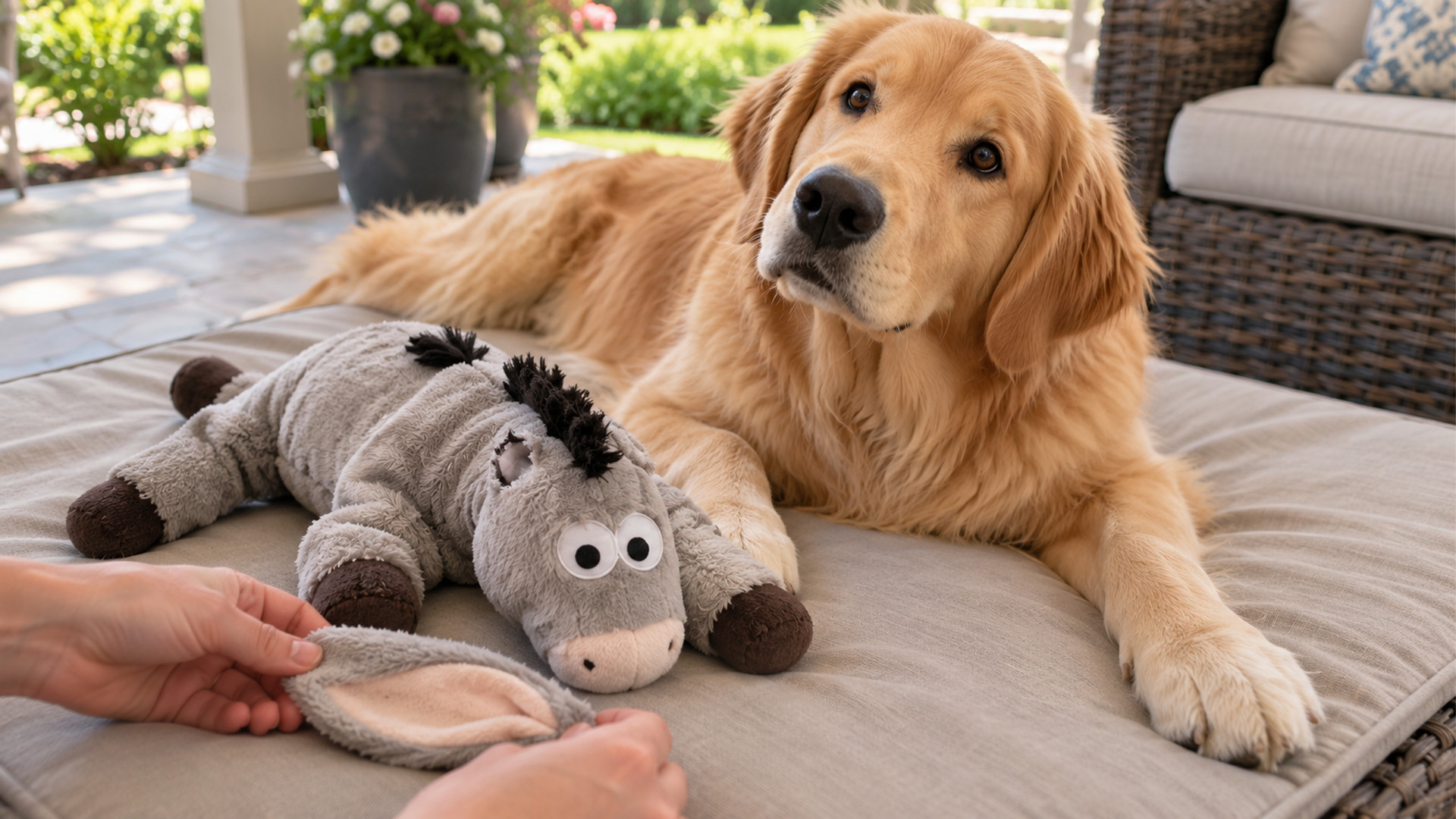 Golden retriever looks heartbroken over his favorite toy