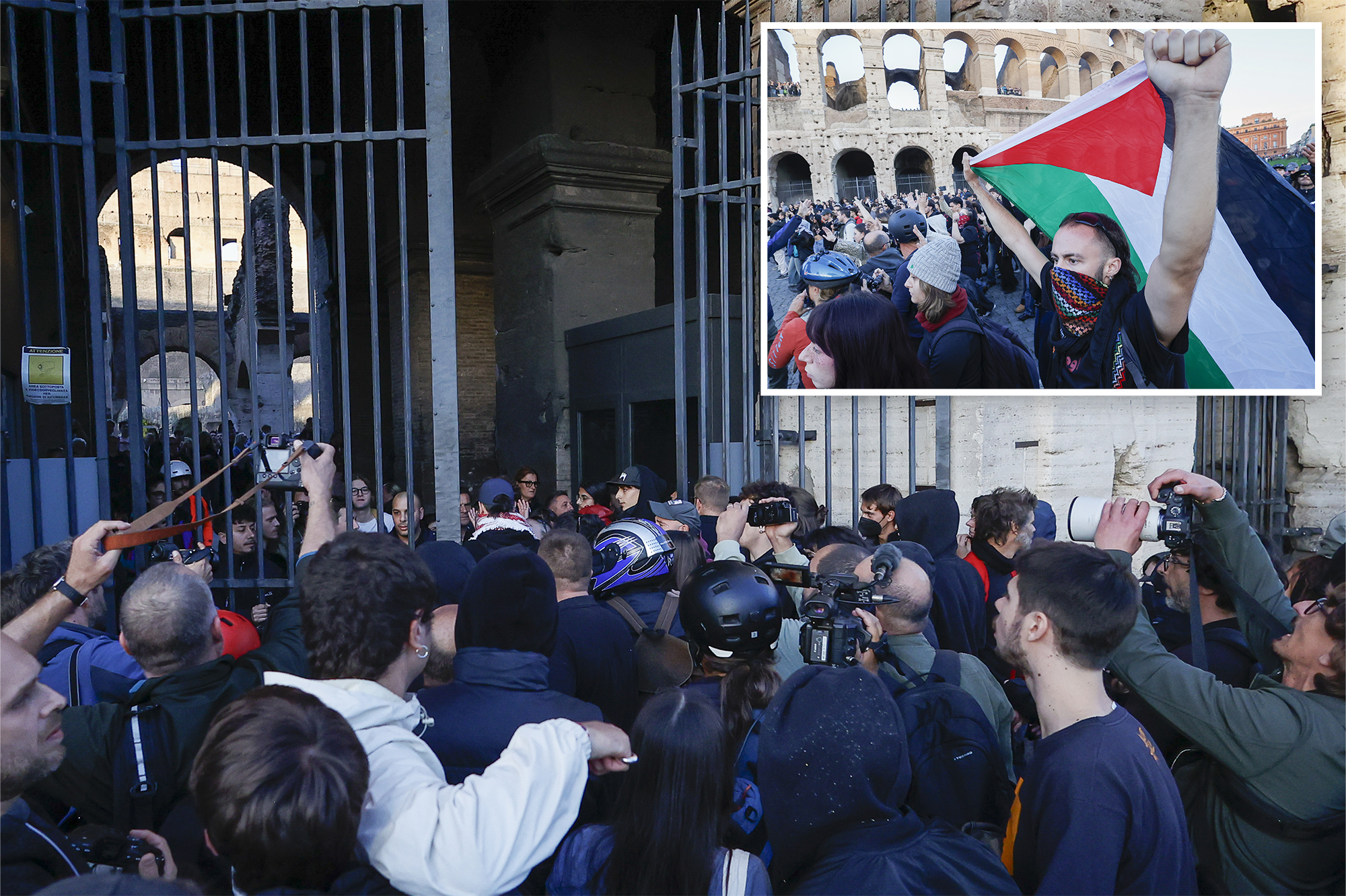 Protestors waving Palestinian flags storm Roman Colosseum gates as ...
