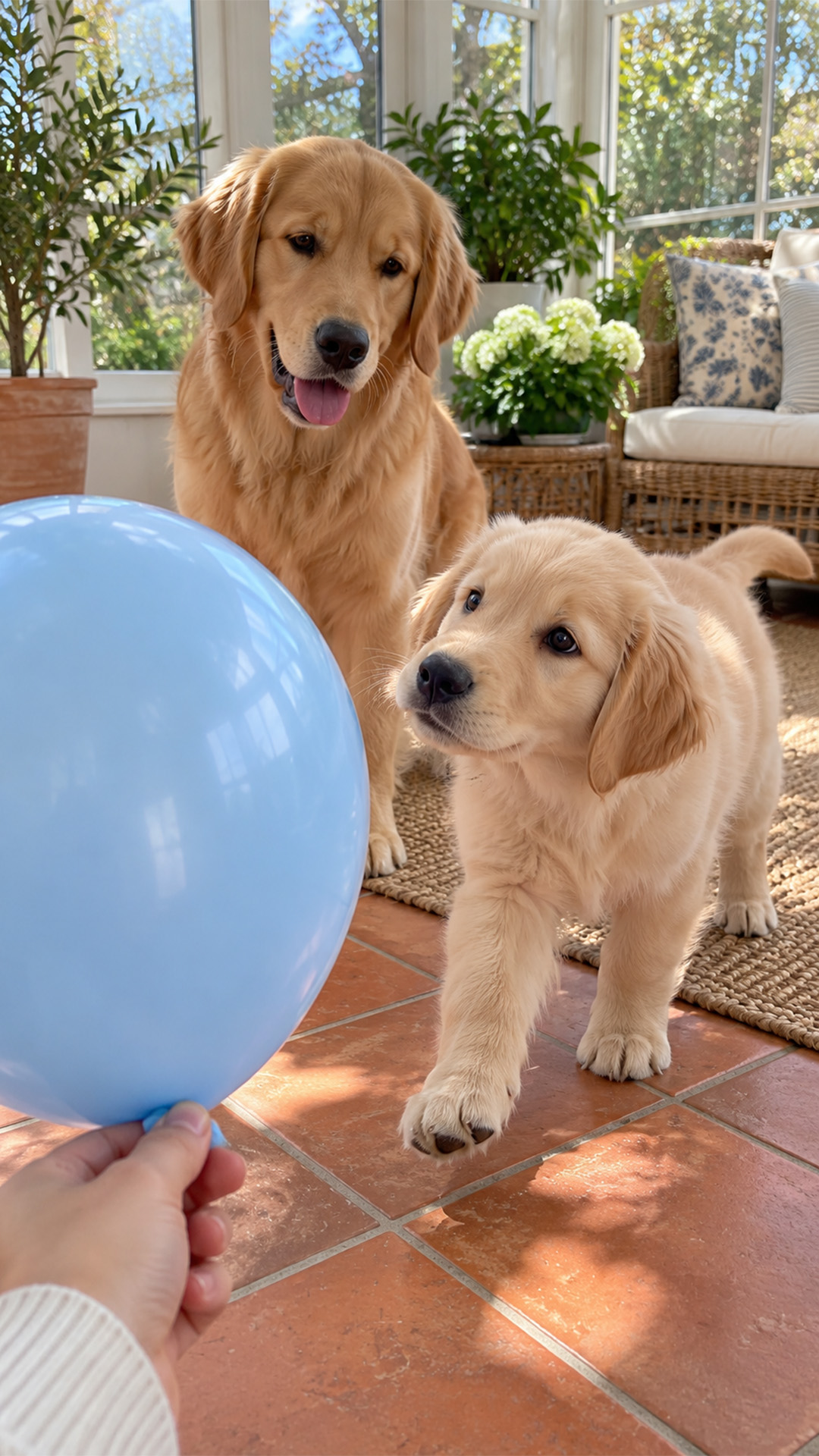 Golden retriever puppies meet a balloon for the first time