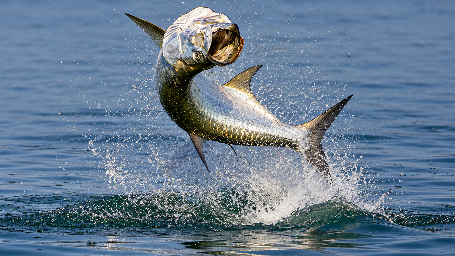 Giant silver tarpon leap out of Florida marina water to grab food