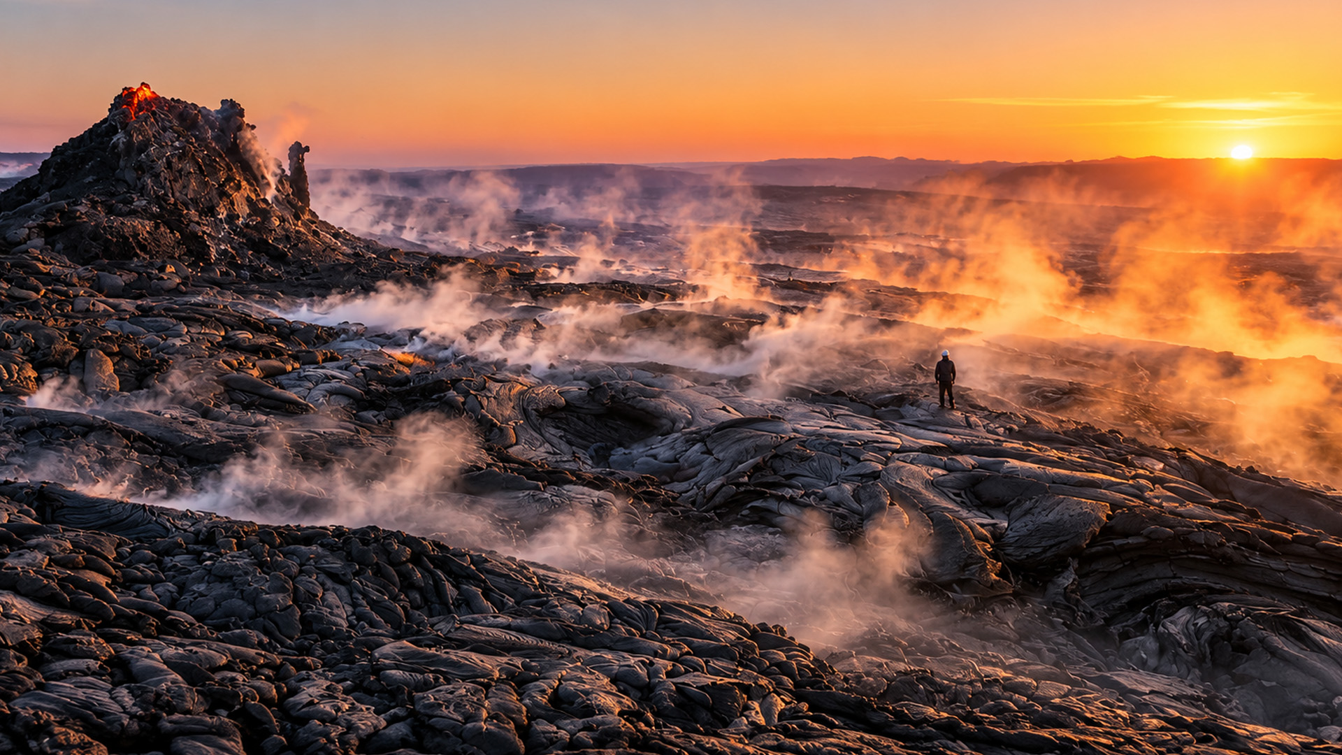 What lies beyond this smoking field of black lava?