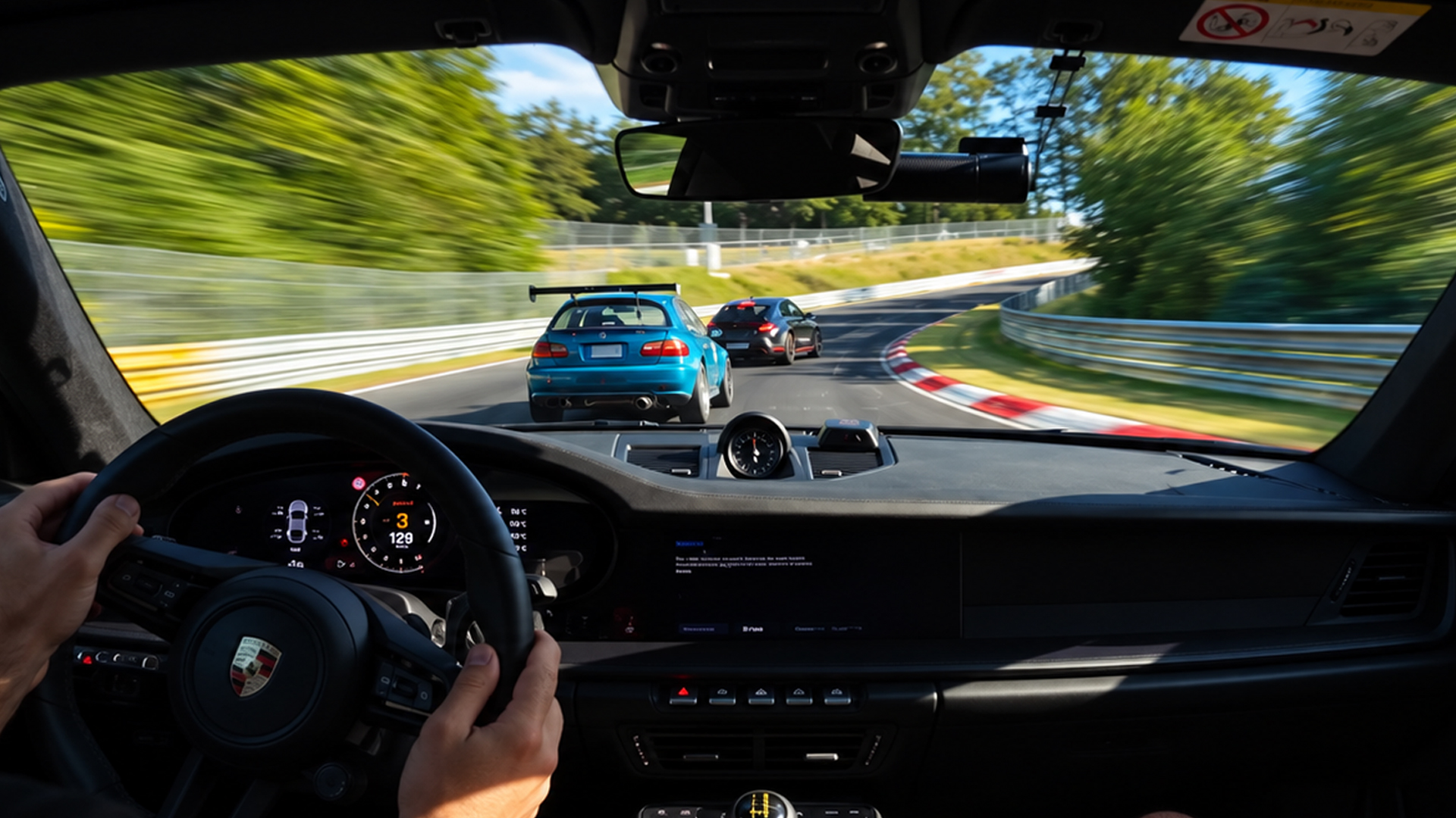 Porsche chases two cars through a fast bend