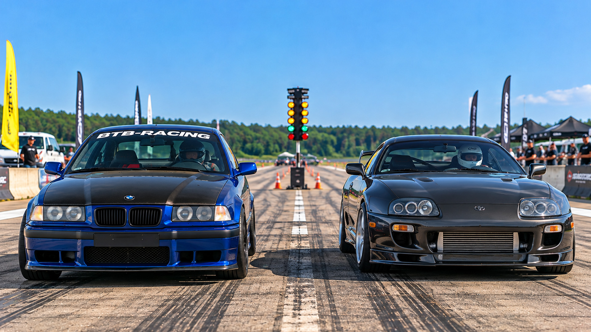BMW E36 e Toyota Supra MK4 modificados no drag strip