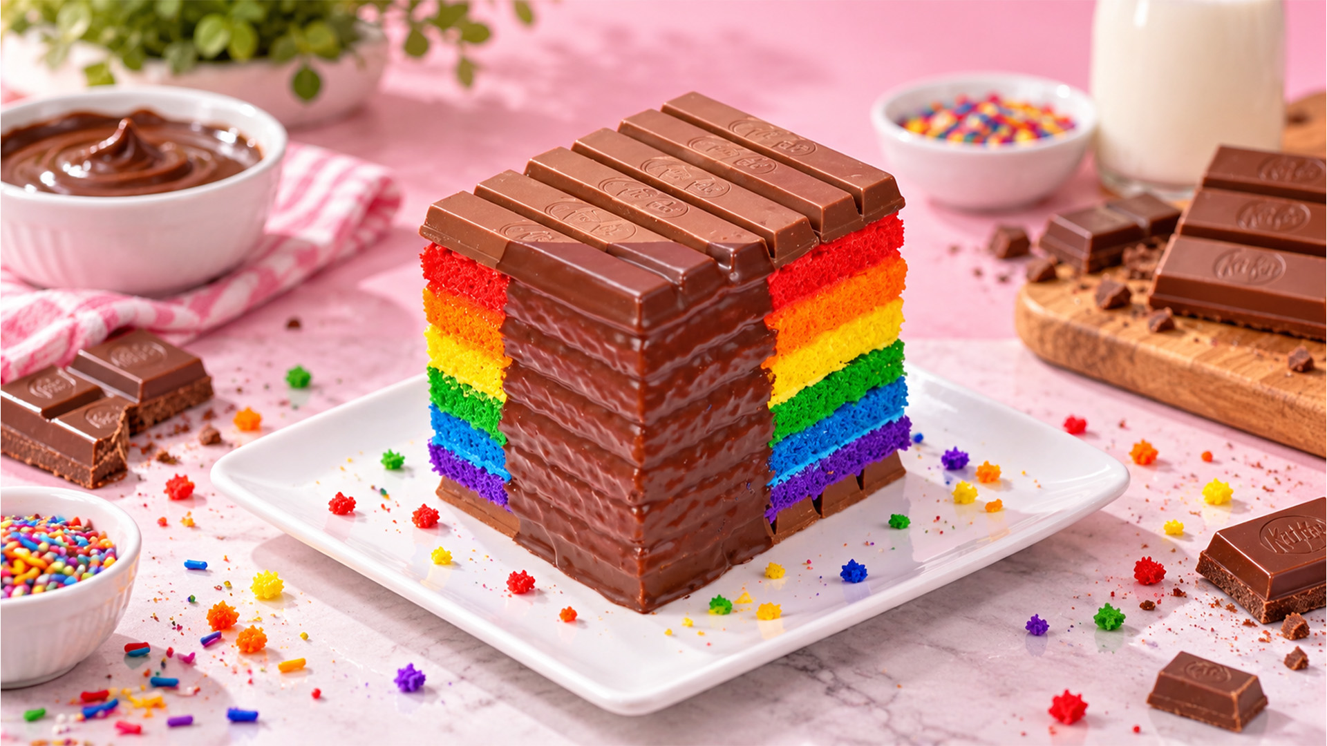 A stack of rainbow cake and melted chocolate