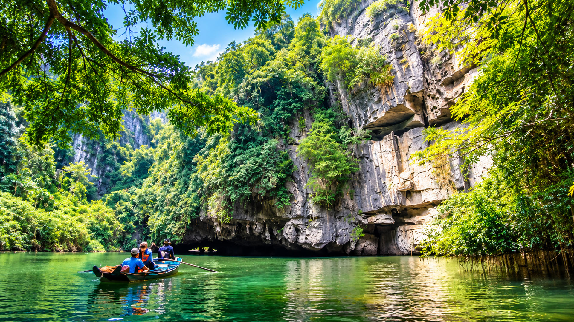 Boats head toward a dark cave beneath Vietnam’s limestone cliffs (4K)