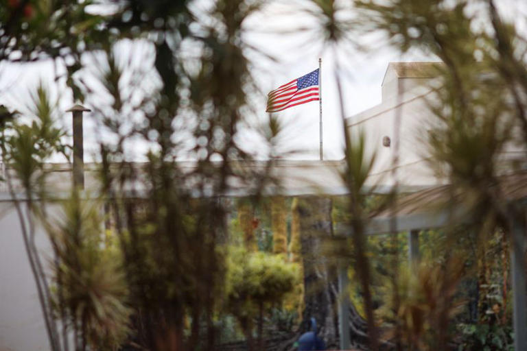 A U.S. flag flies outside the U.S. Embassy, after the United States suspended consular services at its embassy and consulates in Brazil ahead of general election, citing security concerns, in Brasilia, Brazil, October 2, 2026. REUTERS/Adriano Machado