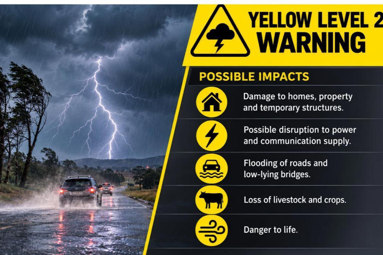 Yellow level 2 warning: Severe storms threaten Eastern Cape on Monday