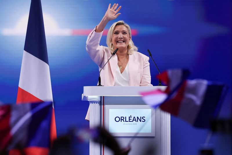 French far-right leader Marine Le Pen, member of parliament from the French far-right Rassemblement National (National Rally - RN) party and candidate for the 2027 French presidential election, delivers a speech during a political rally to launch the presidential campaign, after the party's congress in Orleans, France, October 25, 2026. REUTERS/Stephanie Lecocq