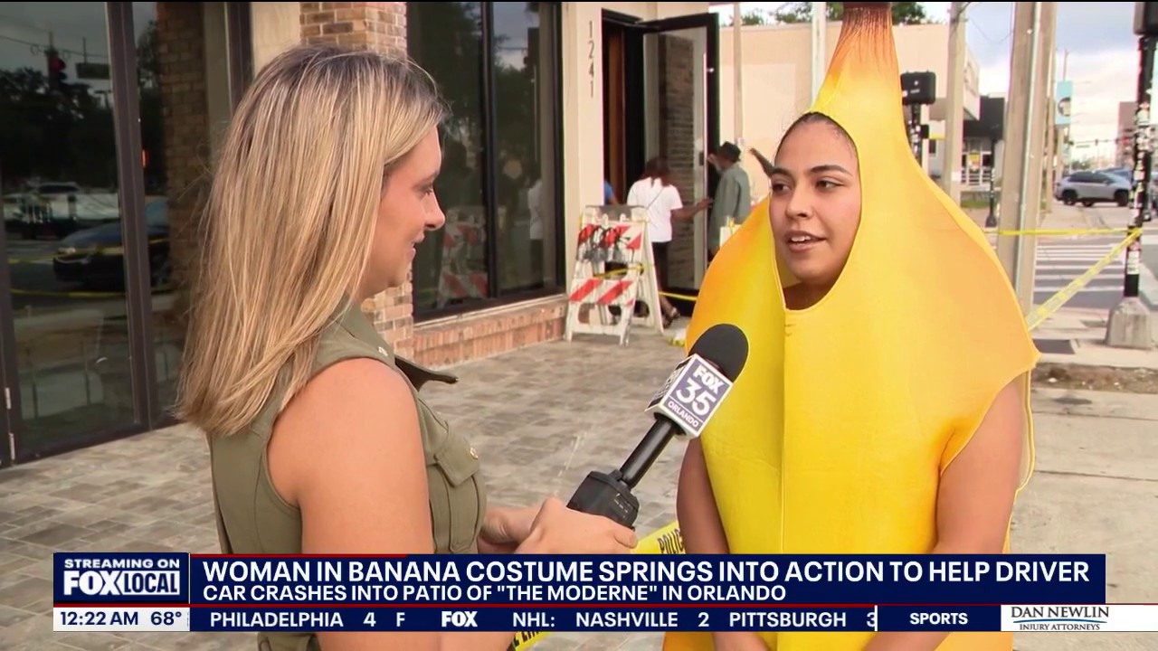 Woman in banana costume springs into action to help driver