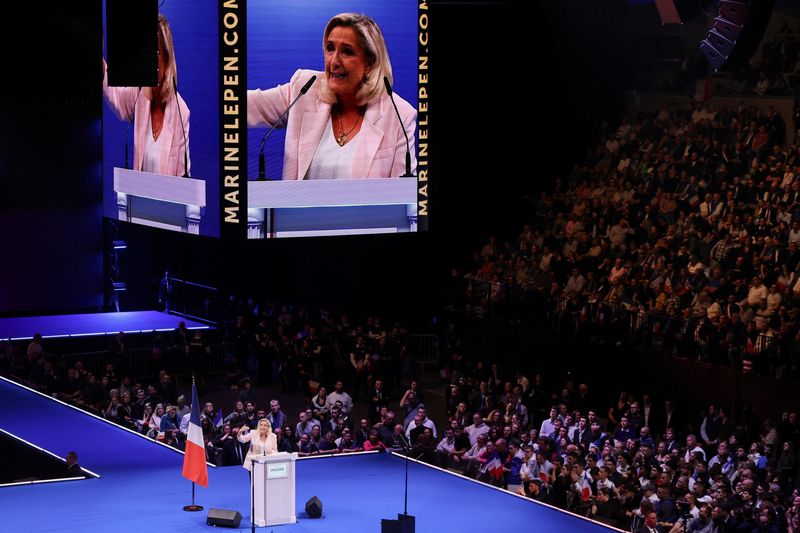 French far-right leader Marine Le Pen, member of parliament from the French far-right Rassemblement National (National Rally - RN) party and candidate for the 2027 French presidential election, delivers a speech during a political rally to launch the presidential campaign, after the party's congress in Orleans, France, October 25, 2026. REUTERS/Nicolas Economou