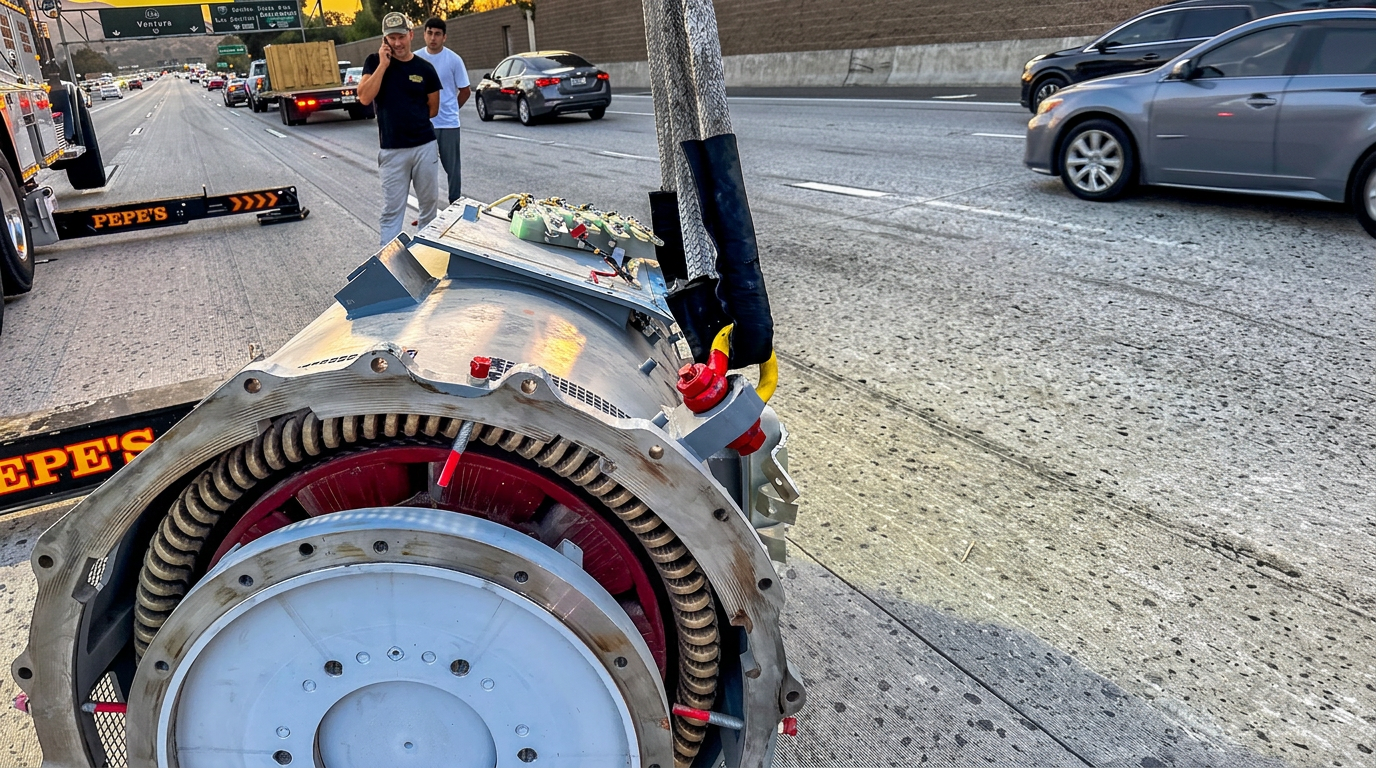 An 18,000-pound alternator fell off a trailer on the freeway!