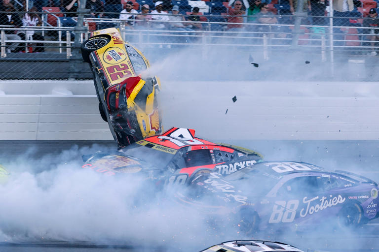 NASCAR race at Talladega stopped after Joey Logano's car goes airborne ...