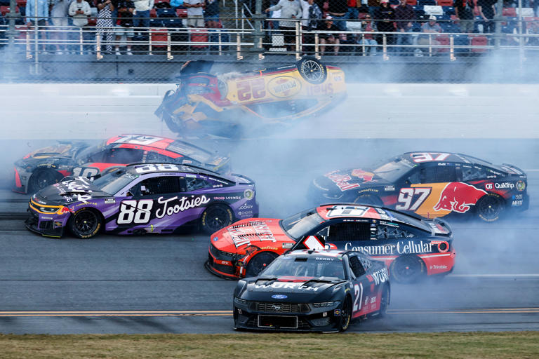 NASCAR race at Talladega stopped after Joey Logano's car goes airborne ...