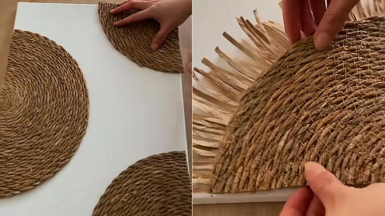 Use woven placemats to transform an empty canvas into boho wall decor