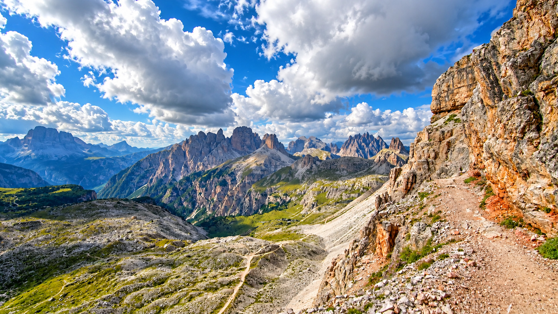 Mountain refuges and rocky peaks at Tre Cime (4K)