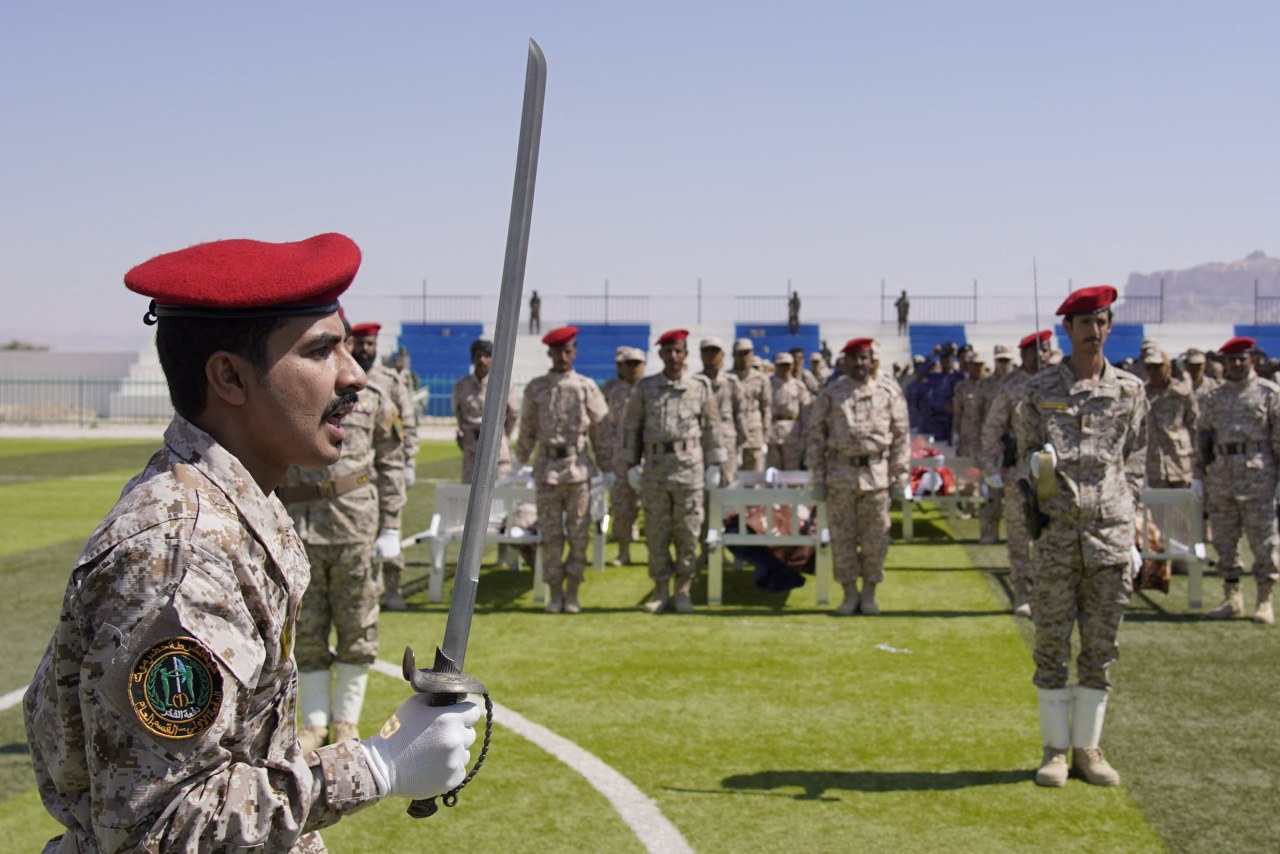 Saudi-led troops had just gathered when a Houthi missile left dozens dead