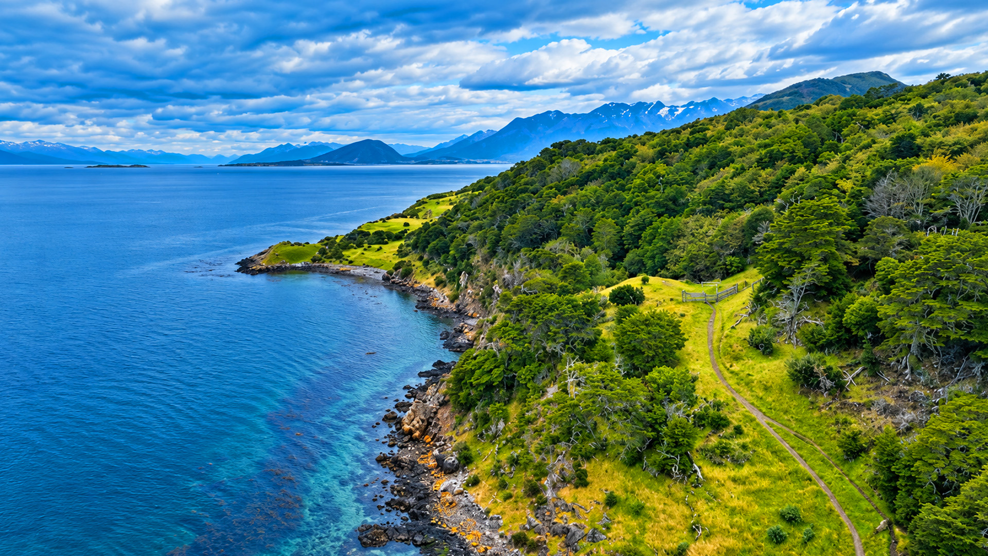 This coastal landscape combines forests, water, and mountains