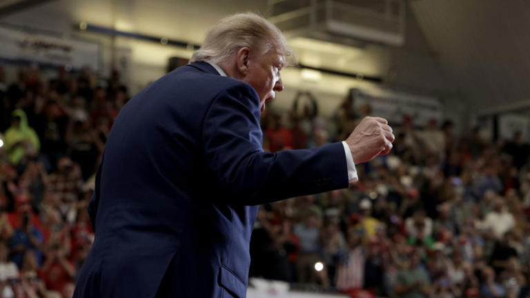 El presidente estadounidense Donald Trump pronuncia un discurso en un mitin electoral en el McMorran Place Sports & Entertainment Center en Port Huron, Michigan, el 25 de octubre de 2026. - Al North America/Getty Images
