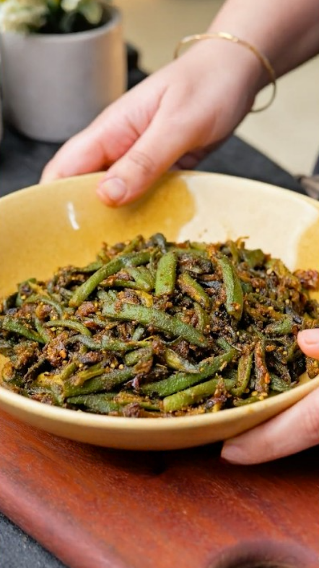 Homemade achari bhindi with flavorful Indian spices