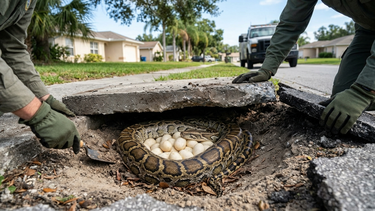 Florida Burmese python found guarding 20 eggs beneath a sidewalk near homes