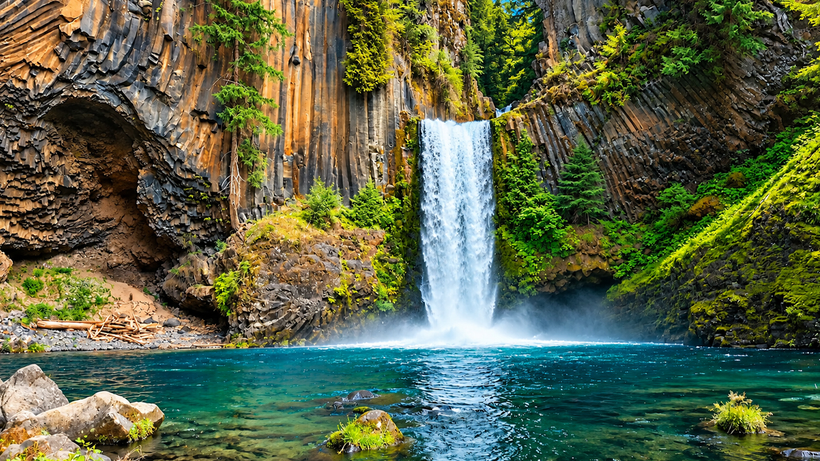 The natural beauty of a waterfall hidden between volcanic cliffs
