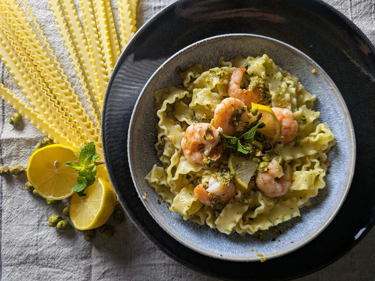 Recipe: Wasabi meets pasta in this punchy prawn and pesto dish
