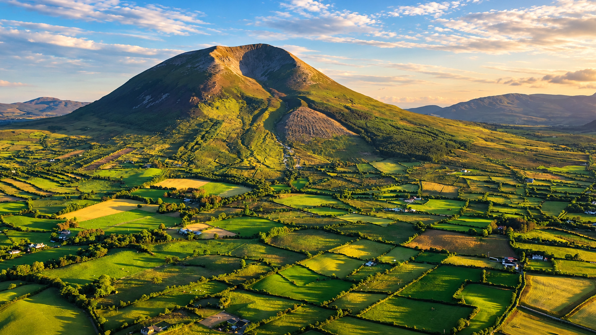 A steep green mountain surrounded by small fields