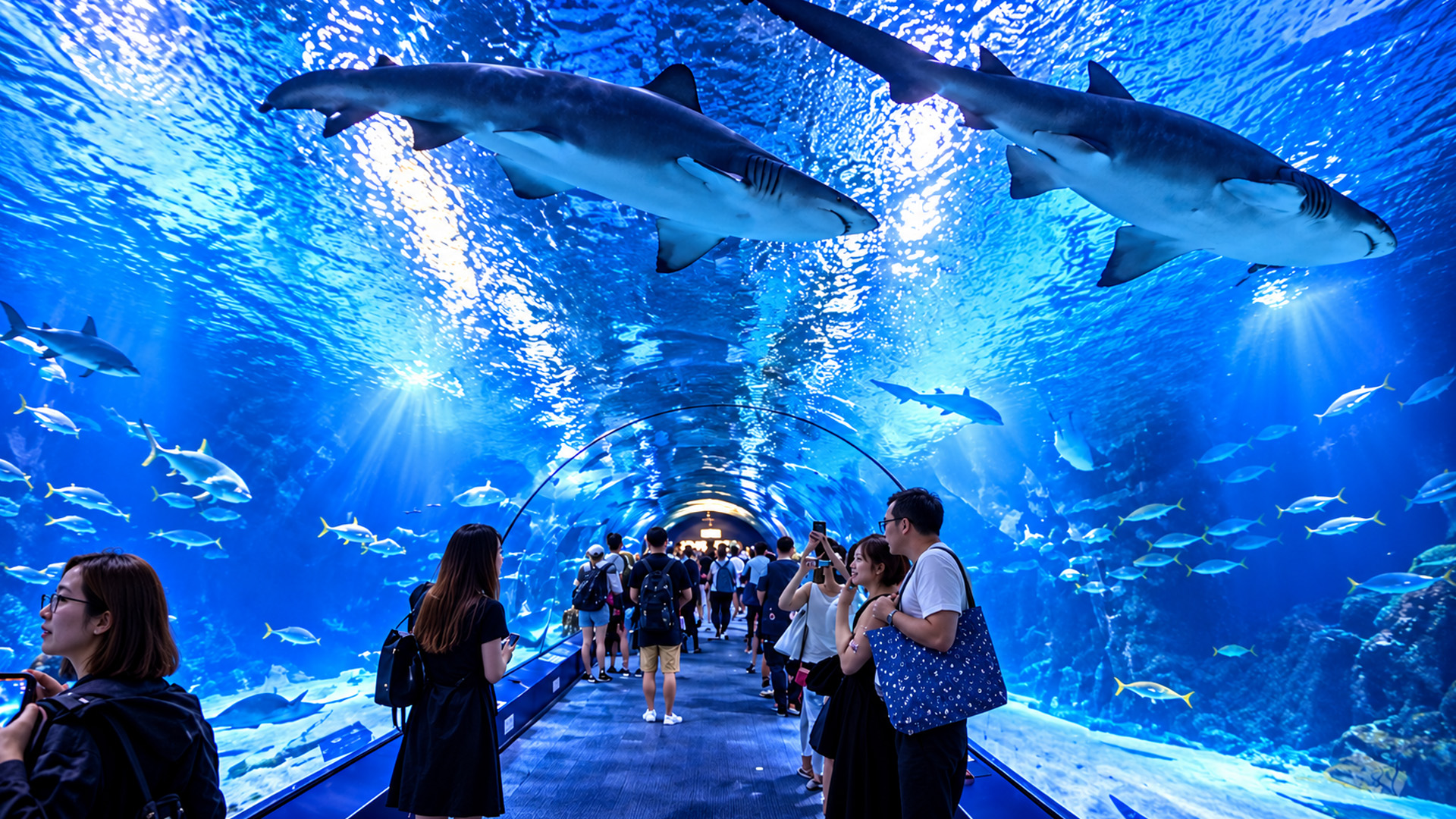 Two giant sharks swim above visitors inside a glass tunnel (4K)
