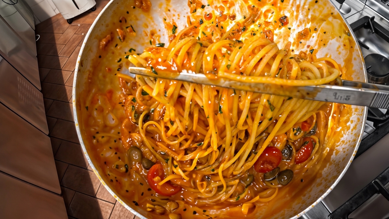 Making midnight pasta in an empty kitchen
