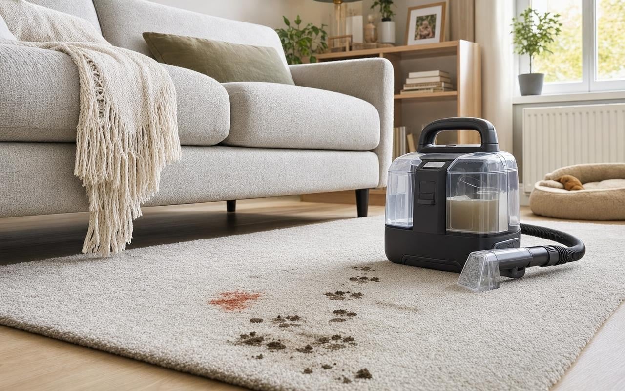 This compact carpet and sofa cleaner wipes out red wine and muddy paws ...