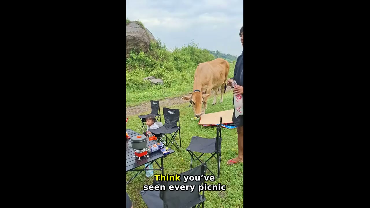 Cow approaches picnickers in Watukosek, East Java