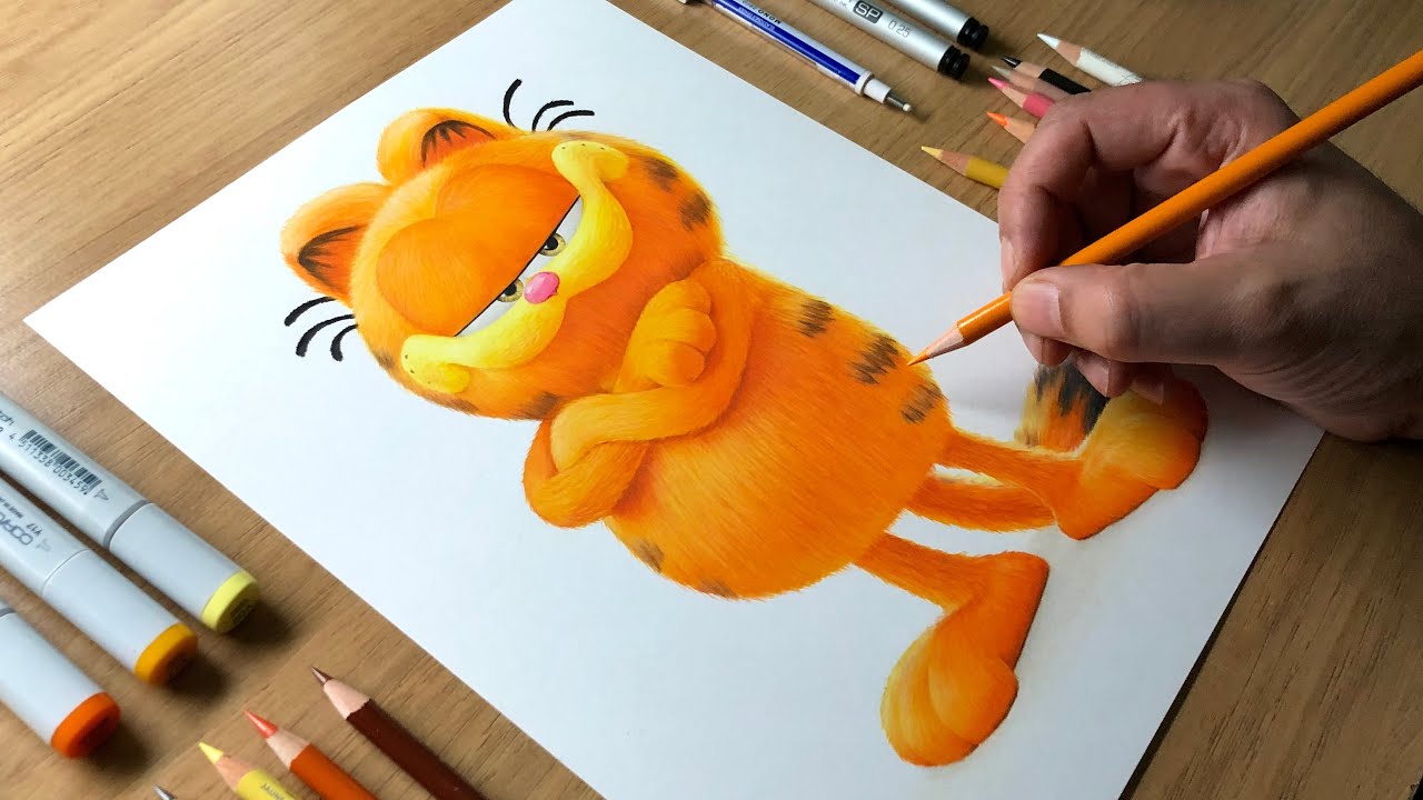 Garfield colored pencil drawing with detailed shading