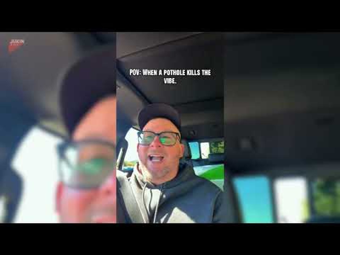 Man gets startled after hitting pothole while driving