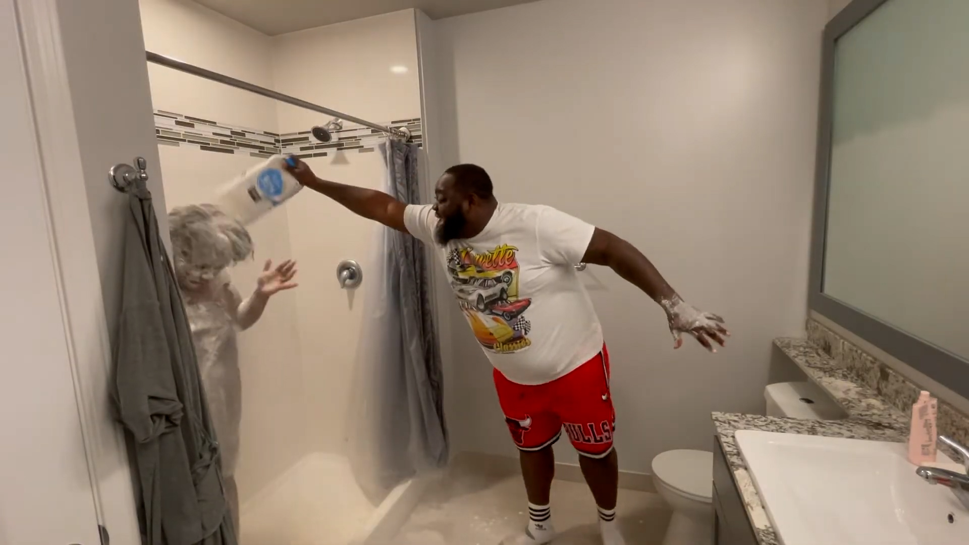 Wife's stunned reaction to the flour shower at the front door